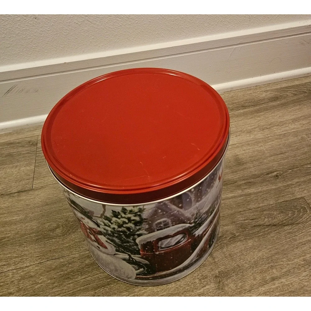 holiday seasonal container Tin Christmas Winter Snow Village Signed Aaron